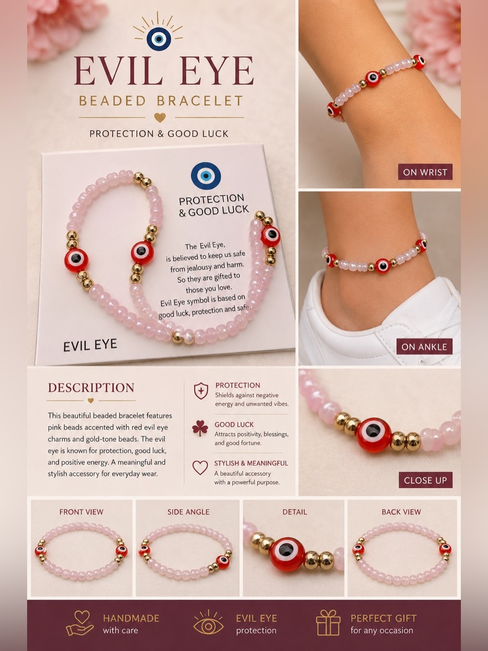 🧿Pink Beaded Evil Eye Bracelet with Gold Accents🧿💞